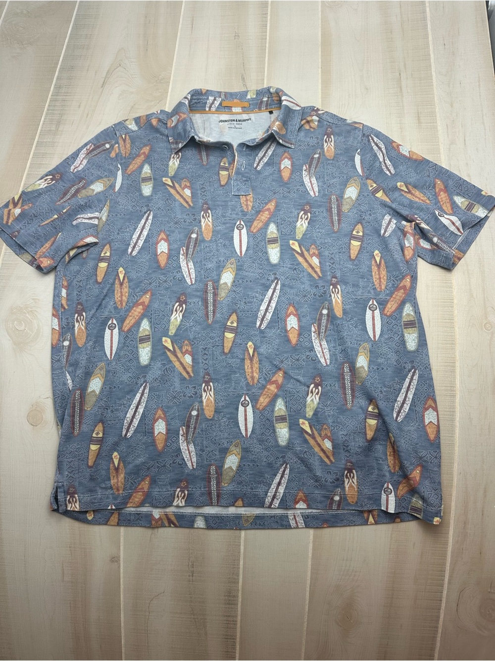 Johnston & Murphy Blue Surfboard-Print Short Sleeve Polo